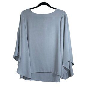 Flowy High Low Light Blue Bell Sleeve Stretchy Blouse